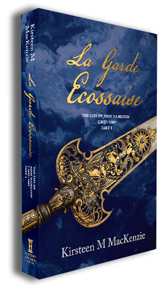 La Garde Ecossaise Book Mockup. Blue marbled background with La Garde Ecossaise in gold lettering with an image of gold weapon with Louis XIVs sun symbol displayed.